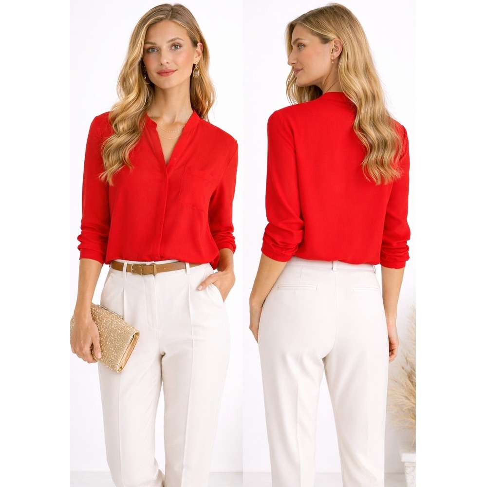 Trouve Silk Button Down Blouse Womens Small Red Long Sleeve Pocket Minimalist
